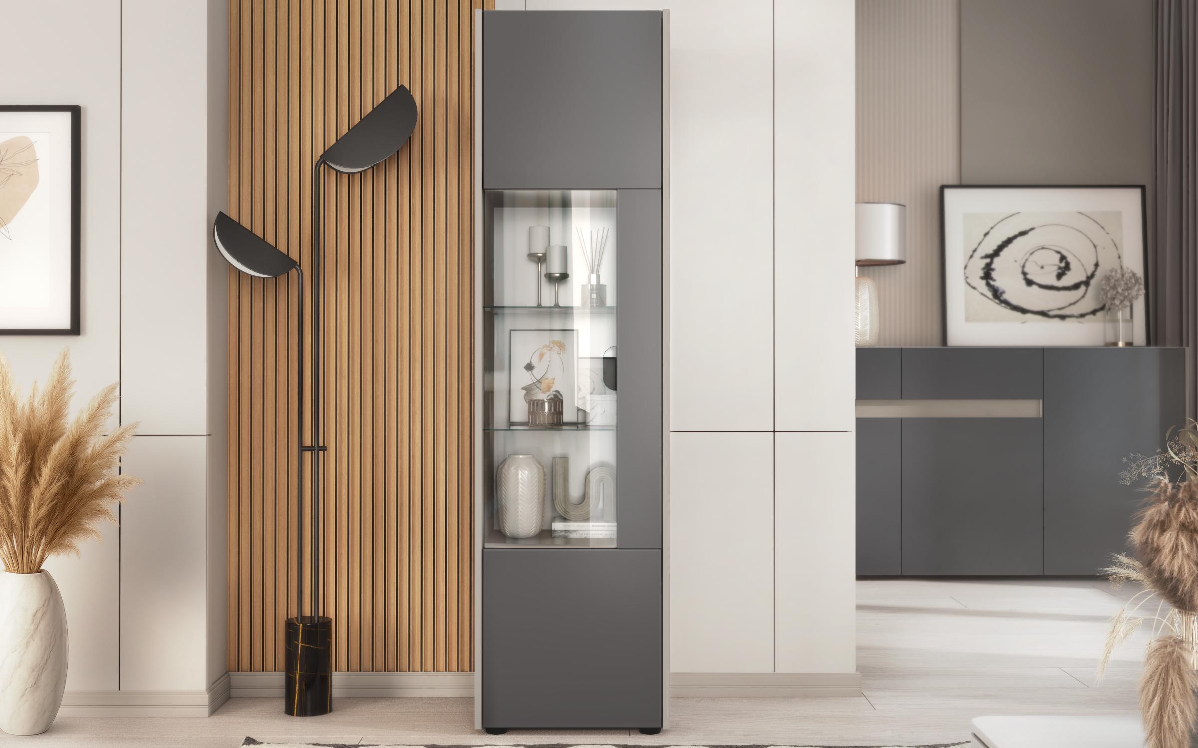 Biblioteca vitrina Pier L + MDF, nisipiu mat + grafit  3